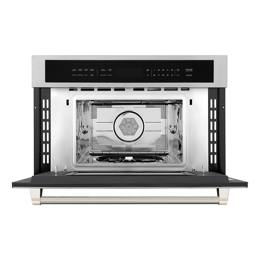 ZLINE Autograph Edition 30 in. 1.6 cu ft. Built-in Convection Microwave Oven in Stainless Steel and Polished Nickel Helix Handle (MWOZ-30-KPN) front, open.
