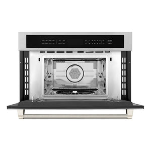 ZLINE Autograph Edition 30 in. 1.6 cu ft. Built-in Convection Microwave Oven in Stainless Steel and Polished Nickel Helix Handle (MWOZ-30-KPN) front, open.