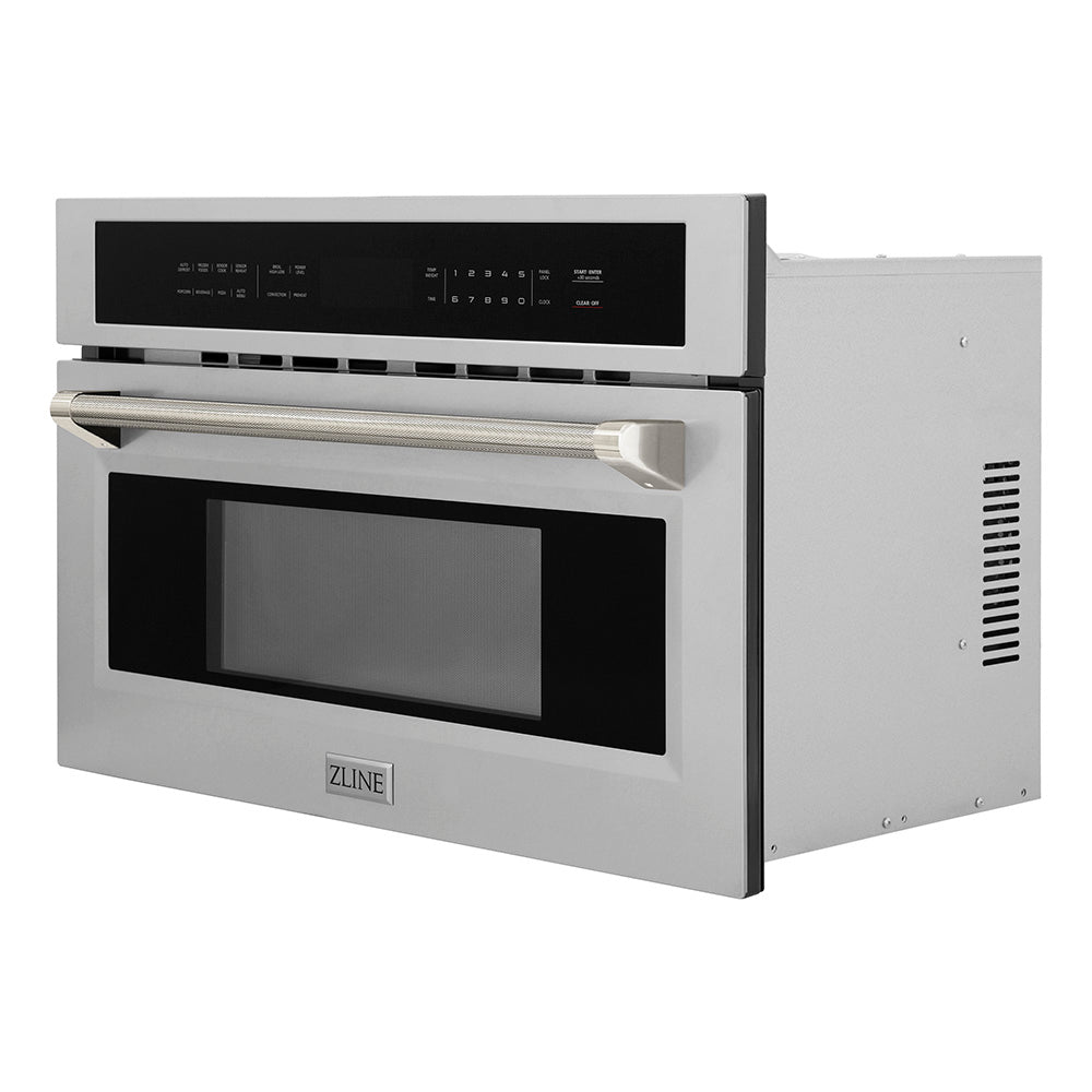 ZLINE Autograph Edition 30 in. 1.6 cu ft. Built-in Convection Microwave Oven in Stainless Steel and Polished Nickel Helix Handle (MWOZ-30-KPN) side.