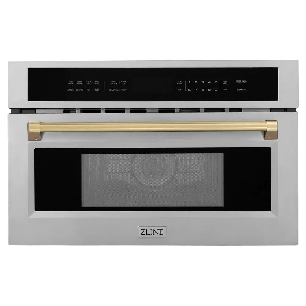 ZLINE Autograph Edition 30 in. 1.6 cu ft. Built-in Convection Microwave Oven in Satin Stainless Steel and Champagne Bronze Accents (MWOZ-30-SS-CB) main image.