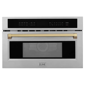 ZLINE Autograph Edition 30 in. 1.6 cu ft. Built-in Convection Microwave Oven in Satin Stainless Steel and Champagne Bronze Accents (MWOZ-30-SS-CB) main image.