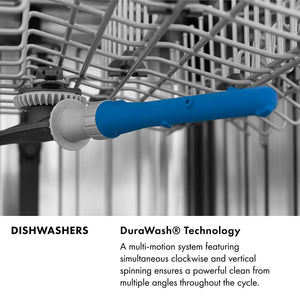 ZLINE Dishwashers Infographic. Image: DuraWash® blue spray arm in stainless steel tub. Text: DuraWash® Technology. A multi-motion system featuring simultaneous clockwise and vertical spinning ensures a powerful clean from multiple angles throughout the cycle.