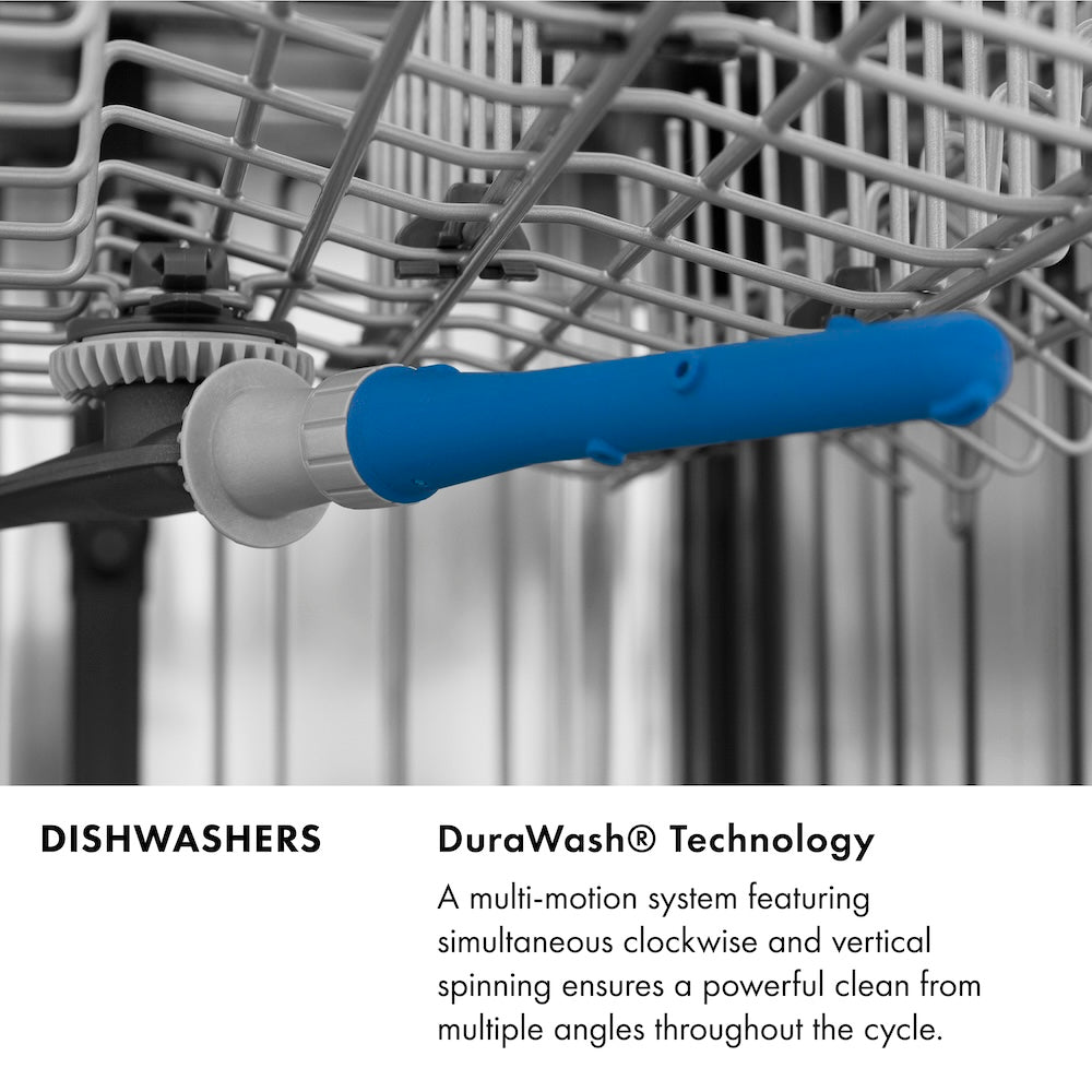 ZLINE Dishwashers Infographic. Image: DuraWash® blue spray arm in stainless steel tub. Text: DuraWash® Technology. A multi-motion system featuring simultaneous clockwise and vertical spinning ensures a powerful clean from multiple angles throughout the cycle.