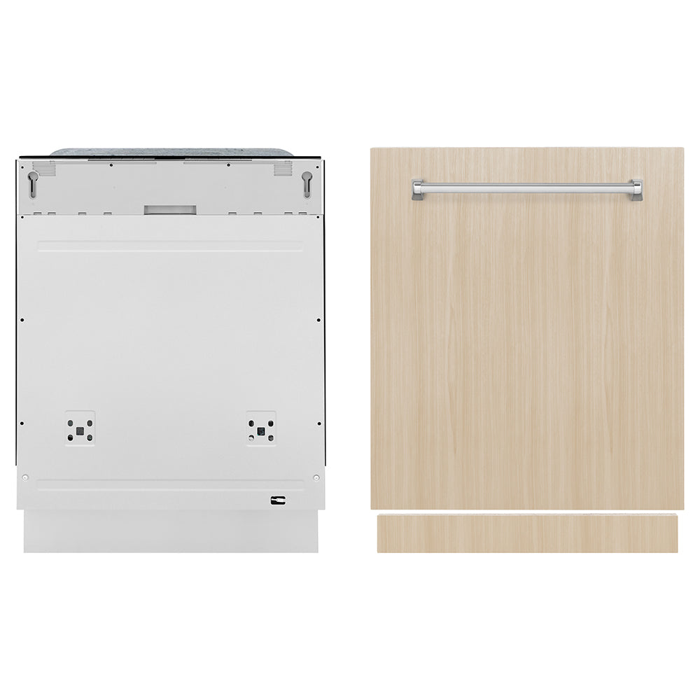 ZLINE 24 in. Monument Series 3rd Rack Dishwasher with Auto Door Open Drying, 44dBa, Panel Ready (DWMT-24) front, dishwasher unit next to custom panel.