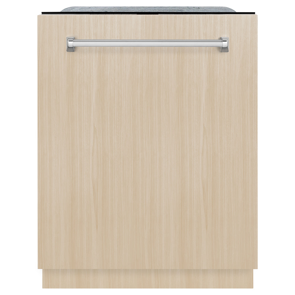 ZLINE 24 in. Monument Series 3rd Rack Dishwasher with Auto Door Open Drying, 44dBa, Panel Ready (DWMT-24) front, closed, with custom wood panel.