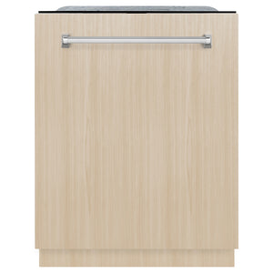 ZLINE 24 in. Monument Series 3rd Rack Dishwasher with Auto Door Open Drying, 44dBa, Panel Ready (DWMT-24) front, closed, with custom wood panel.