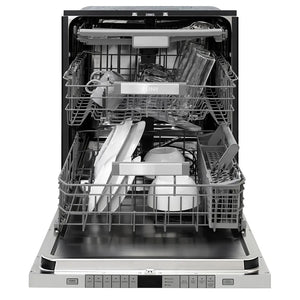 ZLINE 24 in. Monument Series 3rd Rack Dishwasher with Auto Door Open Drying, 44dBa, Panel Ready (DWMT-24) front, open, with dishes loaded inside.