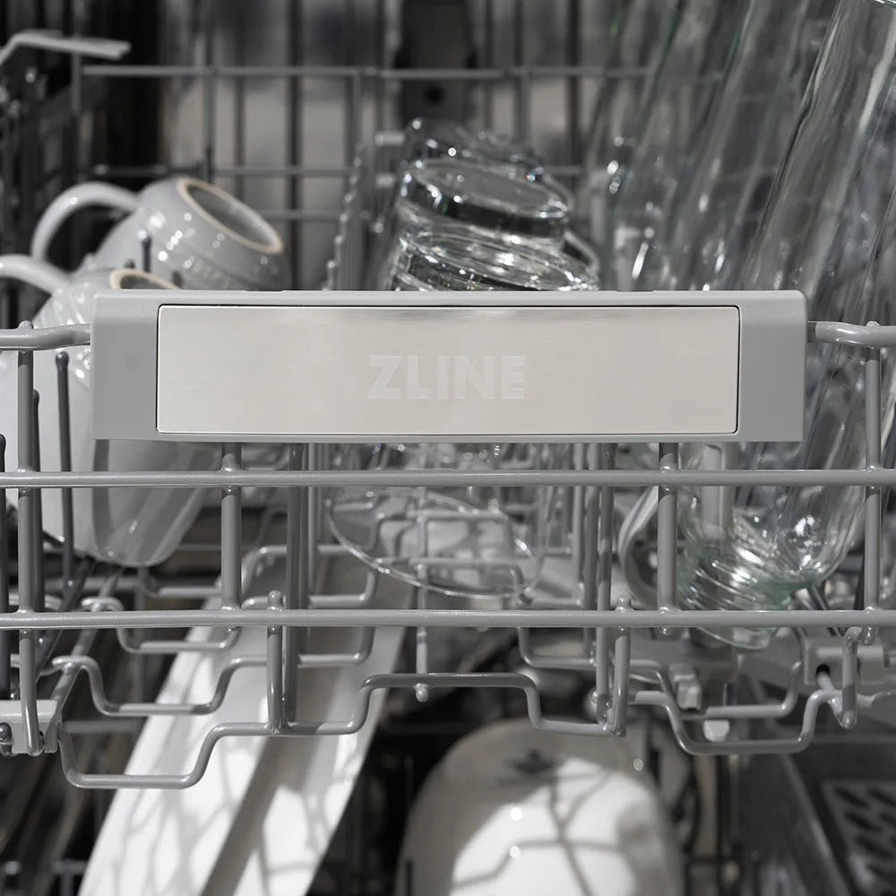 ZLINE 24 in. Monument Series 3rd Rack Dishwasher with Auto Door Open Drying, 44dBa, Stainless Steel Panel (DWMT-304-24) close-up, logo on dish rack.