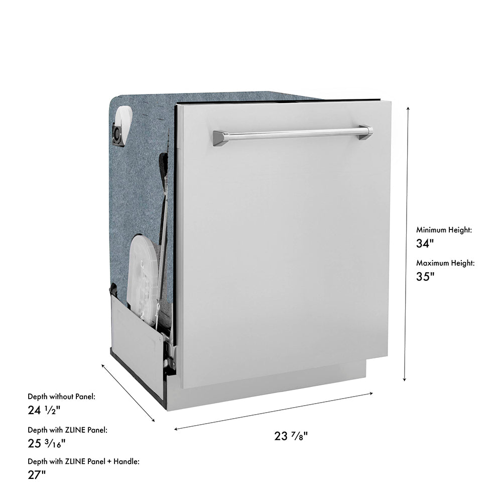 ZLINE 24 in. Monument Series 3rd Rack Dishwasher with Auto Door Open Drying, 44dBa, Stainless Steel Panel (DWMT-304-24) dimensional diagram.