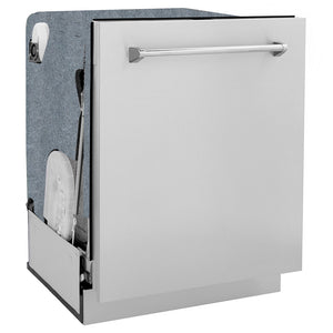 ZLINE 24 in. Monument Series 3rd Rack Dishwasher with Auto Door Open Drying, 44dBa, Stainless Steel Panel (DWMT-304-24) side, closed.