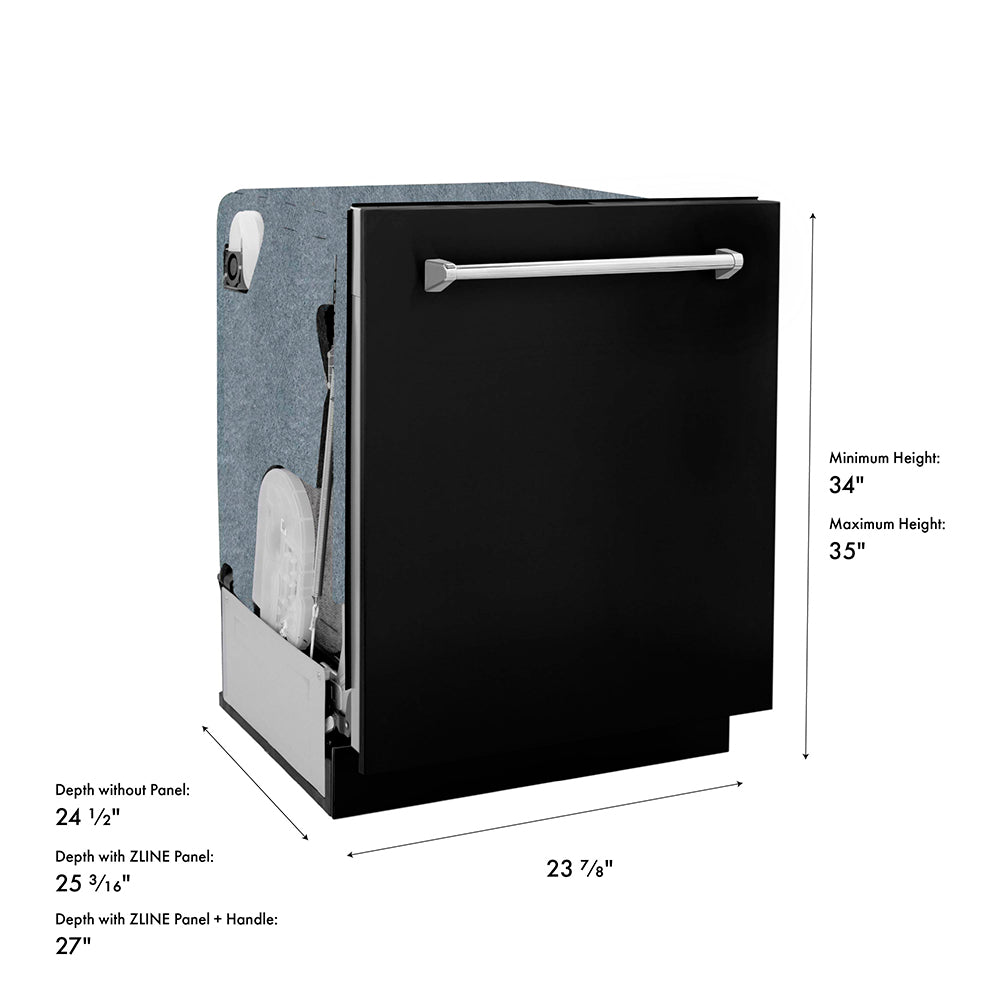 ZLINE 24 in. Monument Series 3rd Rack Dishwasher with Auto Door Open Drying, 44dBa, Black Matte Panel (DWMT-BLM-24) dimensional diagram.