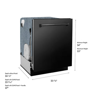 ZLINE 24 in. Monument Series 3rd Rack Dishwasher with Auto Door Open Drying, 44dBa, Black Stainless Steel Panel (DWMT-BS-24) dimensional diagram.