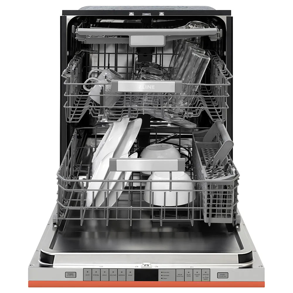 ZLINE 24 in. Monument Series 3rd Rack Dishwasher with Auto Door Open Drying, 44dBa, Copper Panel (DWMT-C-24) front, open, with dishes loaded inside.