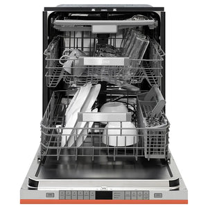 ZLINE 24 in. Monument Series 3rd Rack Dishwasher with Auto Door Open Drying, 44dBa, Copper Panel (DWMT-C-24) front, open, with dishes loaded inside.