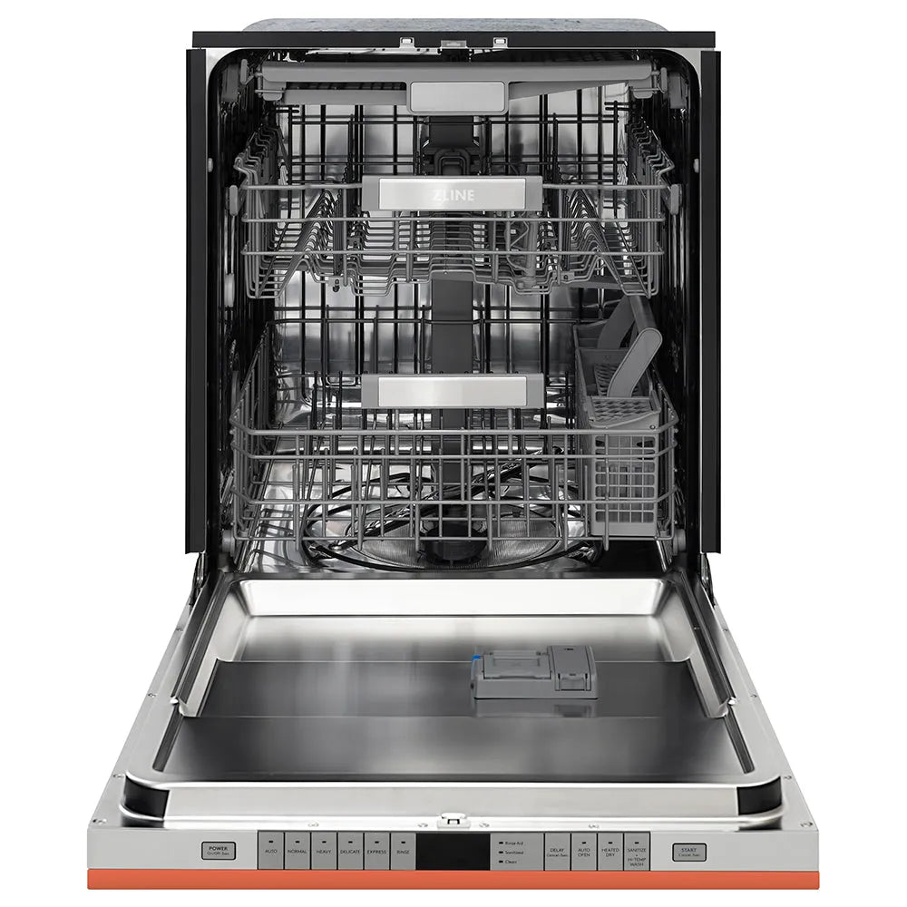 ZLINE 24 in. Monument Series 3rd Rack Dishwasher with Auto Door Open Drying, 44dBa, Copper Panel (DWMT-C-24) front, open.