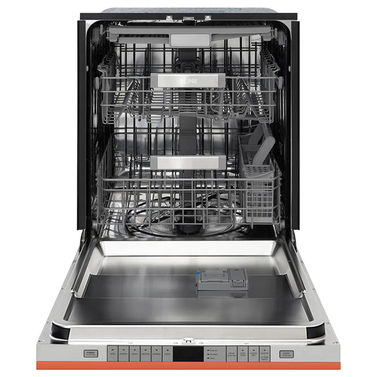 ZLINE 24 in. Monument Series 3rd Rack Dishwasher with Auto Door Open Drying, 44dBa, Copper Panel (DWMT-C-24) front, open.