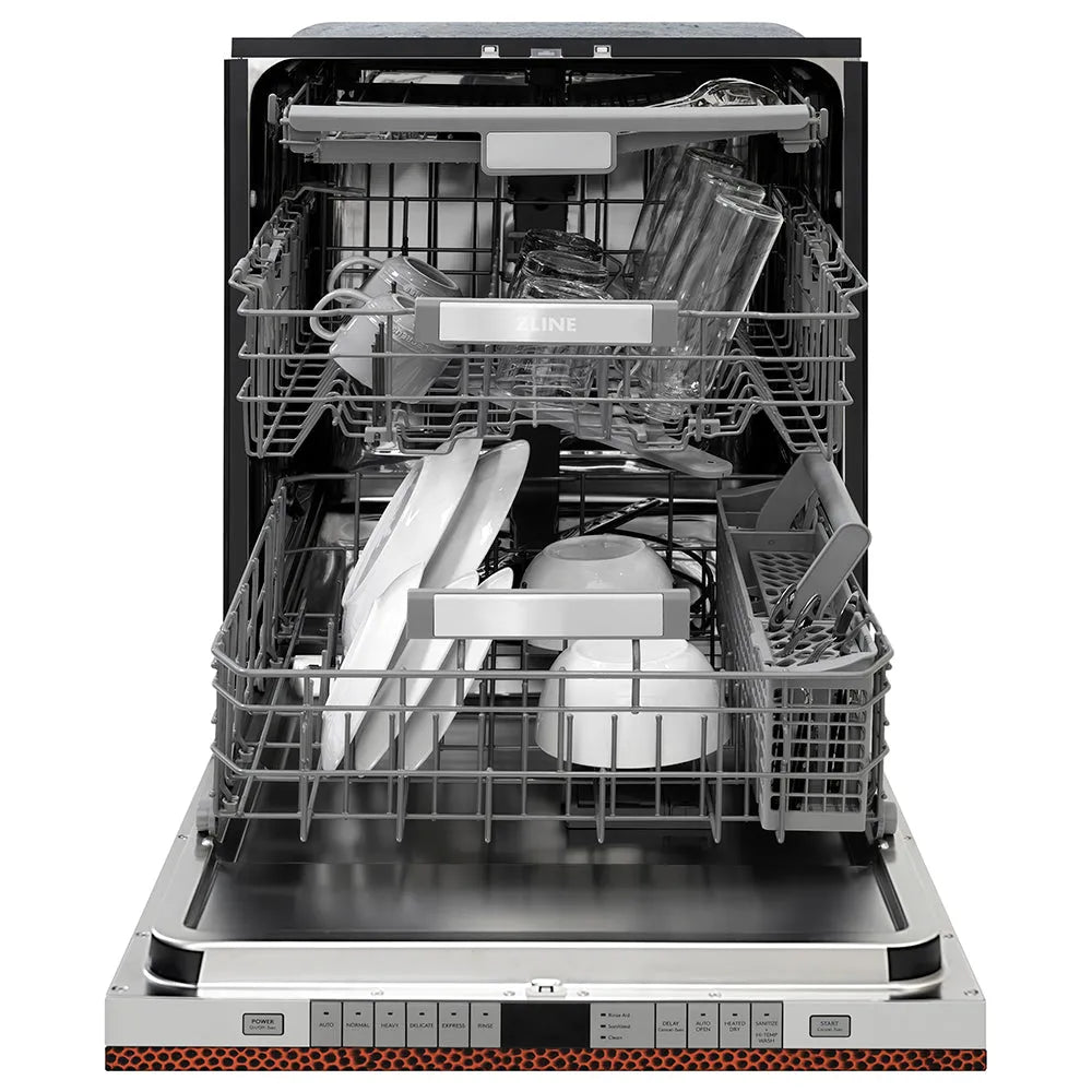 ZLINE 24 in. Monument Series 3rd Rack Dishwasher with Auto Door Open Drying, 44dBa, Hand Hammered Copper Panel (DWMT-HH-24) front, open, with dishes loaded inside.