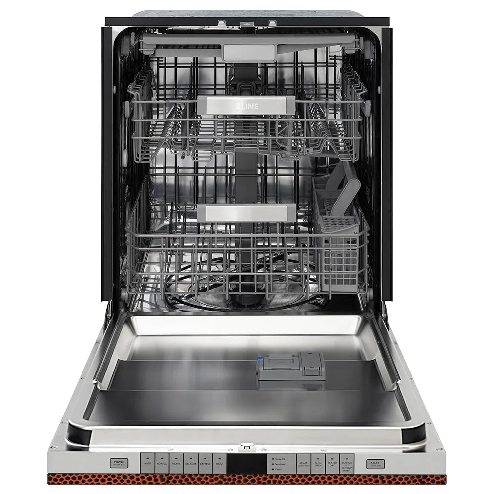 ZLINE 24 in. Monument Series 3rd Rack Dishwasher with Auto Door Open Drying, 44dBa, Hand Hammered Copper Panel (DWMT-HH-24) front, open.