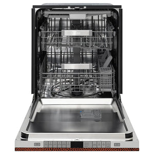 ZLINE 24 in. Monument Series 3rd Rack Dishwasher with Auto Door Open Drying, 44dBa, Hand Hammered Copper Panel (DWMT-HH-24) front, open.