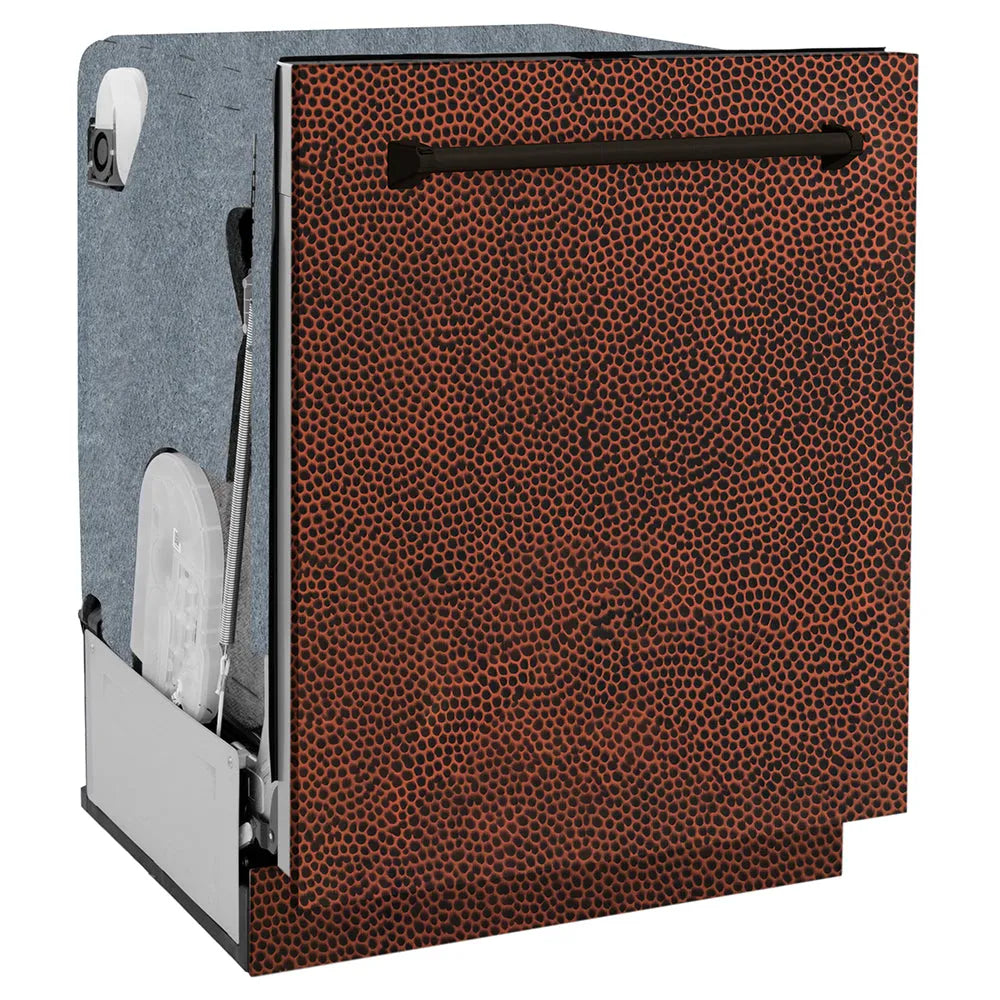 ZLINE 24 in. Monument Series 3rd Rack Dishwasher with Auto Door Open Drying, 44dBa, Hand Hammered Copper Panel (DWMT-HH-24) side, closed.
