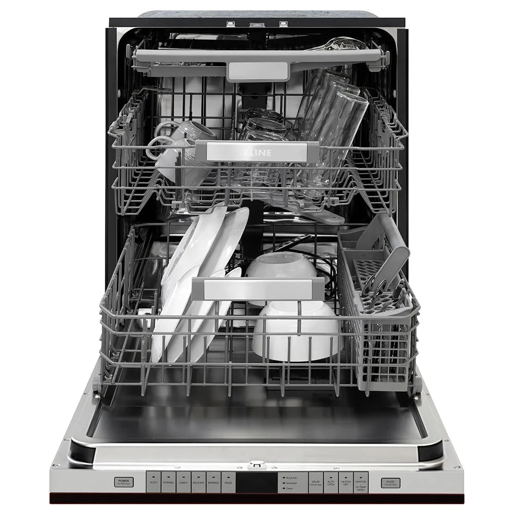 ZLINE 24 in. Monument Series 3rd Rack Dishwasher with Auto Door Open Drying, 44dBa, Oil Rubbed Bronze Panel (DWMT-ORB-24) front, open, with dishes loaded inside.