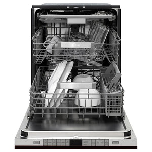 ZLINE 24 in. Monument Series 3rd Rack Dishwasher with Auto Door Open Drying, 44dBa, Oil Rubbed Bronze Panel (DWMT-ORB-24) front, open, with dishes loaded inside.