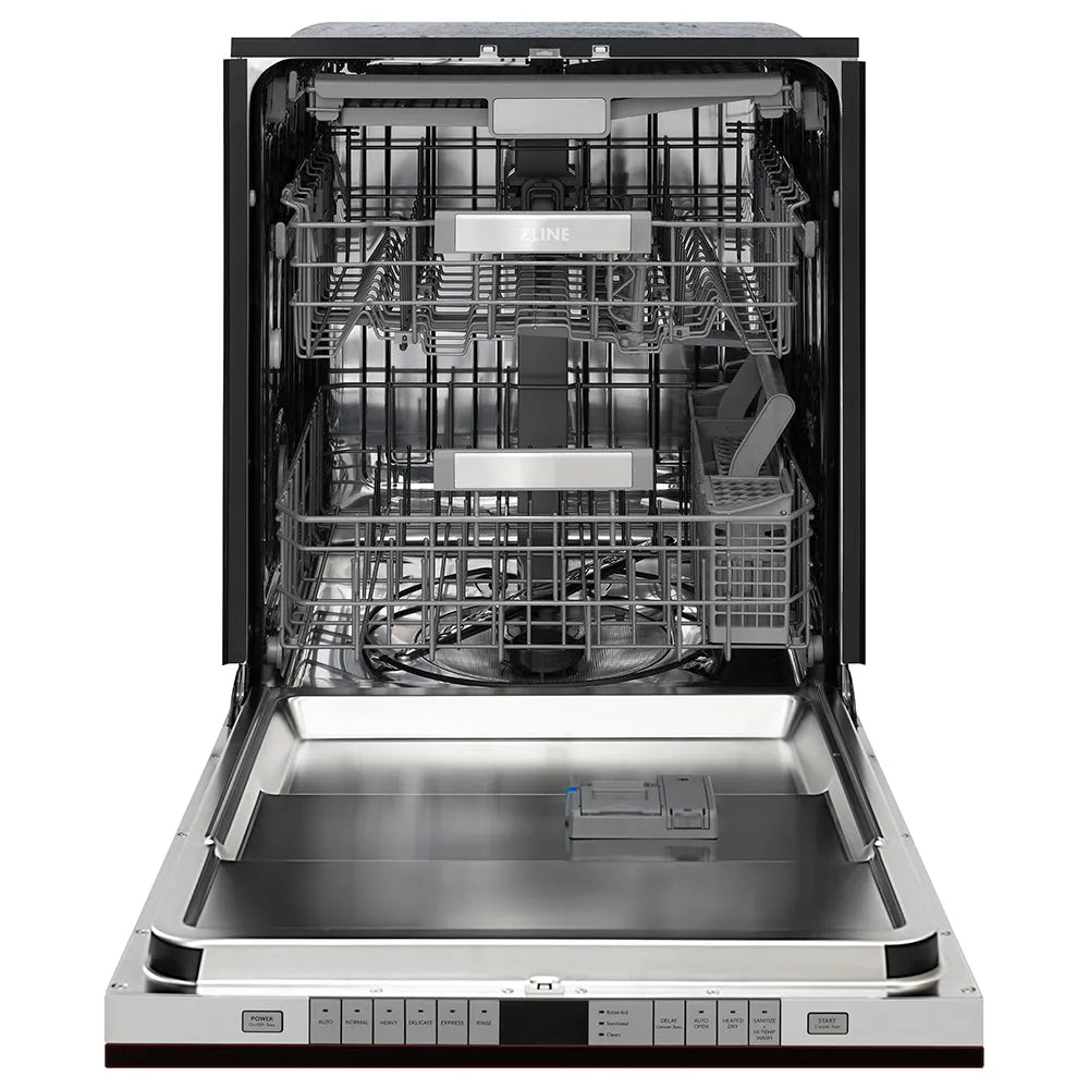 ZLINE 24 in. Monument Series 3rd Rack Dishwasher with Auto Door Open Drying, 44dBa, Oil Rubbed Bronze Panel (DWMT-ORB-24) front, open.