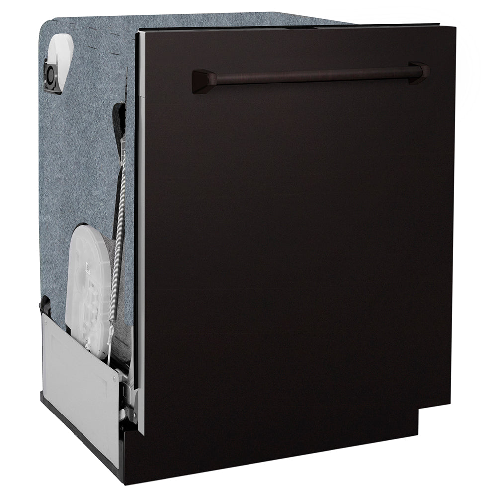 ZLINE 24 in. Monument Series 3rd Rack Dishwasher with Auto Door Open Drying, 44dBa, Oil Rubbed Bronze Panel (DWMT-ORB-24) side, closed.