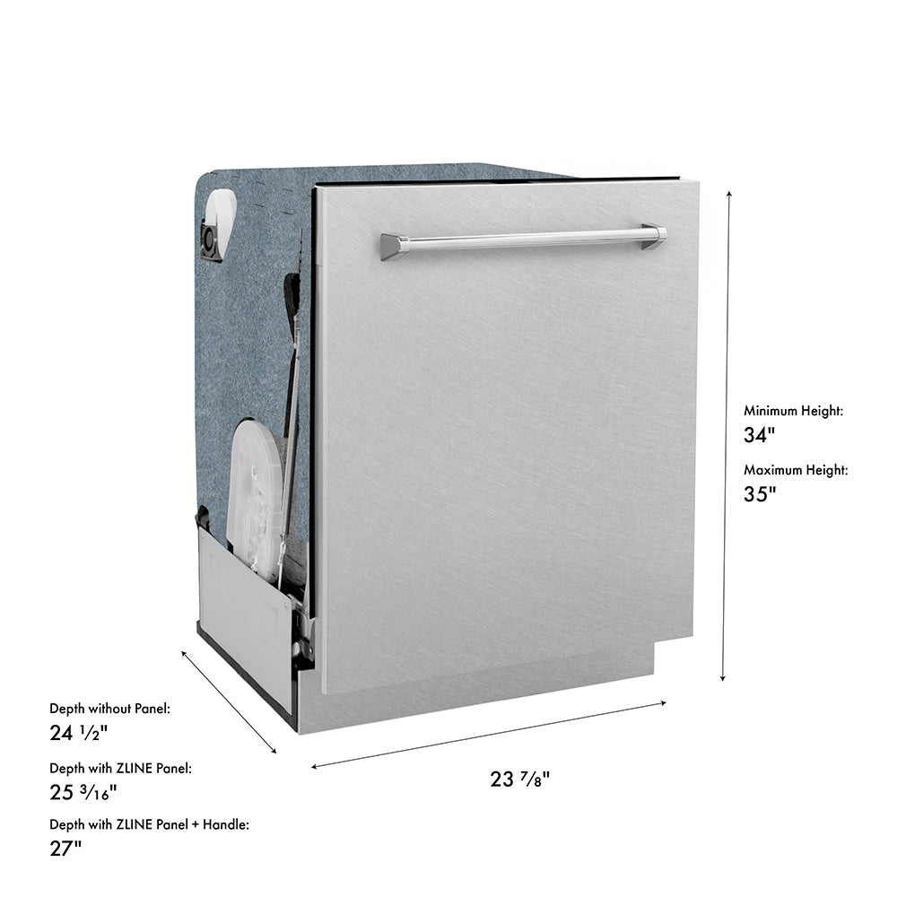 ZLINE 24 in. Monument Series 3rd Rack Dishwasher with Auto Door Open Drying, 44dBa, Satin Stainless Steel Panel (DWMT-SN-24) dimensional diagram.