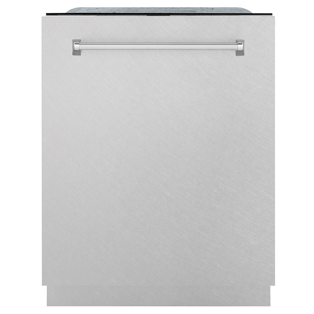 ZLINE 24 in. Monument Series 3rd Rack Dishwasher with Auto Door Open Drying, 44dBa, Satin Stainless Steel Panel (DWMT-SN-24) front, closed.