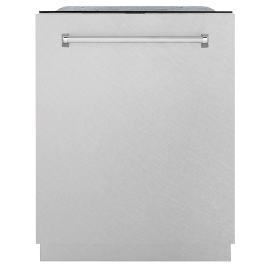 ZLINE 24 in. Monument Series 3rd Rack Dishwasher with Auto Door Open Drying, 44dBa, Satin Stainless Steel Panel (DWMT-SN-24) front, closed.