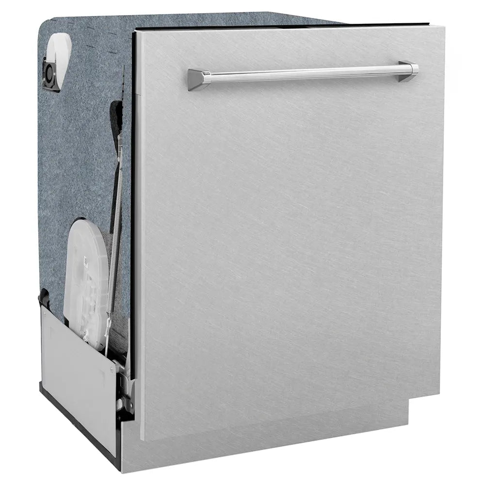 ZLINE 24 in. Monument Series 3rd Rack Dishwasher with Auto Door Open Drying, 44dBa, Satin Stainless Steel Panel (DWMT-SN-24) side, closed.