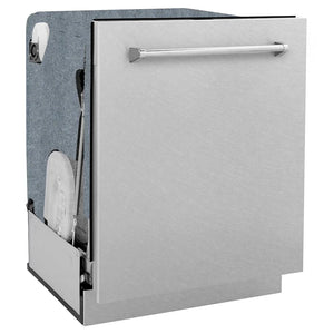 ZLINE 24 in. Monument Series 3rd Rack Dishwasher with Auto Door Open Drying, 44dBa, Satin Stainless Steel Panel (DWMT-SN-24) side, closed.