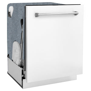ZLINE 24 in. Monument Series 3rd Rack Dishwasher with Auto Door Open Drying, 44dBa, White Matte Panel (DWMT-WM-24) side, closed.