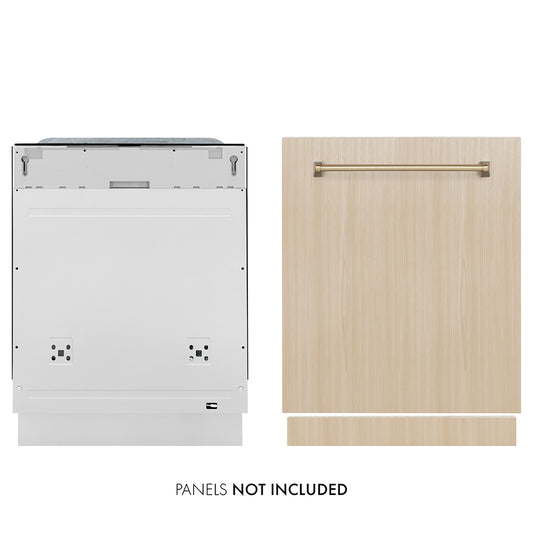 ZLINE Autograph Edition 24 in. Monument Series 3rd Rack Dishwasher with Auto Door Open Drying, 44dBa, Panel Ready with Champagne Bronze Handle (DWMTZ-24-CB) front, dishwasher unit next to custom panel. Text: Panel not included.