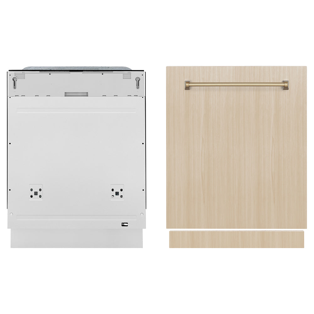 ZLINE Autograph Edition 24 in. Monument Series 3rd Rack Dishwasher with Auto Door Open Drying, 44dBa, Panel Ready with Champagne Bronze Handle (DWMTZ-24-CB) front, dishwasher unit next to custom panel.