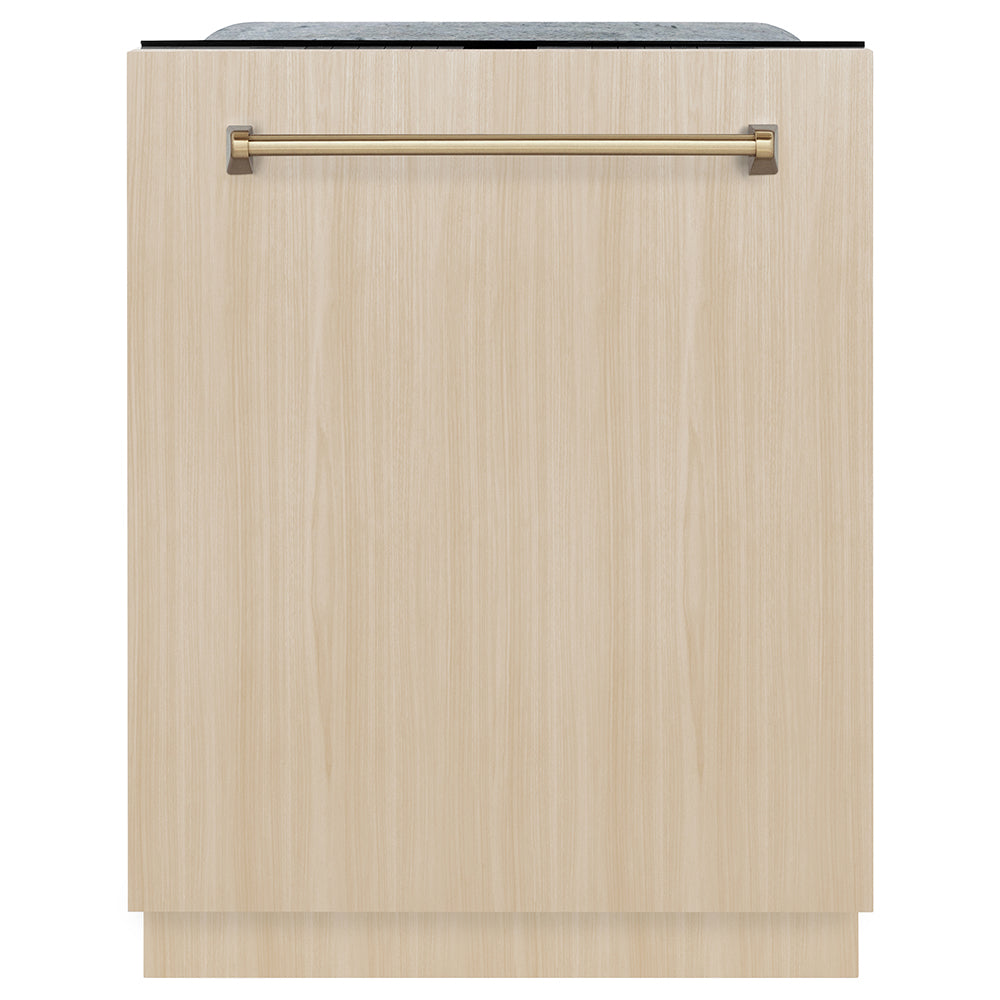 ZLINE Autograph Edition 24 in. Monument Series 3rd Rack Dishwasher with Auto Door Open Drying, 44dBa, Panel Ready with Champagne Bronze Handle (DWMTZ-24-CB) front, closed, with custom wood panel.