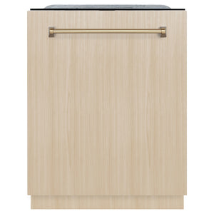 ZLINE Autograph Edition 24 in. Monument Series 3rd Rack Dishwasher with Auto Door Open Drying, 44dBa, Panel Ready with Champagne Bronze Handle (DWMTZ-24-CB) front, closed, with custom wood panel.
