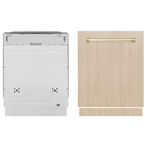 ZLINE Autograph Edition 24 in. Monument Series 3rd Rack Dishwasher with Auto Door Open Drying, 44dBa, Panel Ready with Polished Gold Handle (DWMTZ-24-G) front, dishwasher unit next to custom panel.