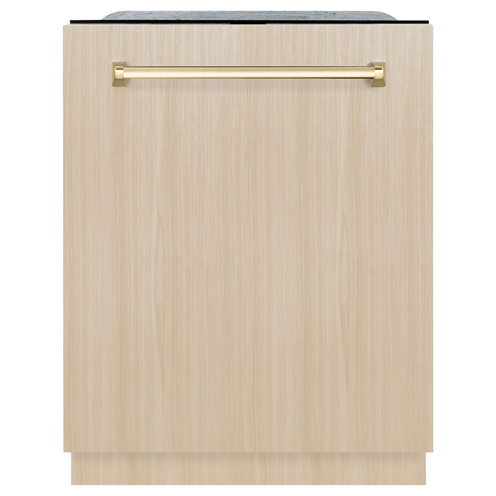 ZLINE Autograph Edition 24 in. Monument Series 3rd Rack Dishwasher with Auto Door Open Drying, 44dBa, Panel Ready with Polished Gold Handle (DWMTZ-24-G) front, closed, with custom wood panel.