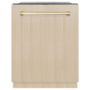 ZLINE Autograph Edition 24 in. Monument Series 3rd Rack Dishwasher with Auto Door Open Drying, 44dBa, Panel Ready with Polished Gold Handle (DWMTZ-24-G) front, closed, with custom wood panel.