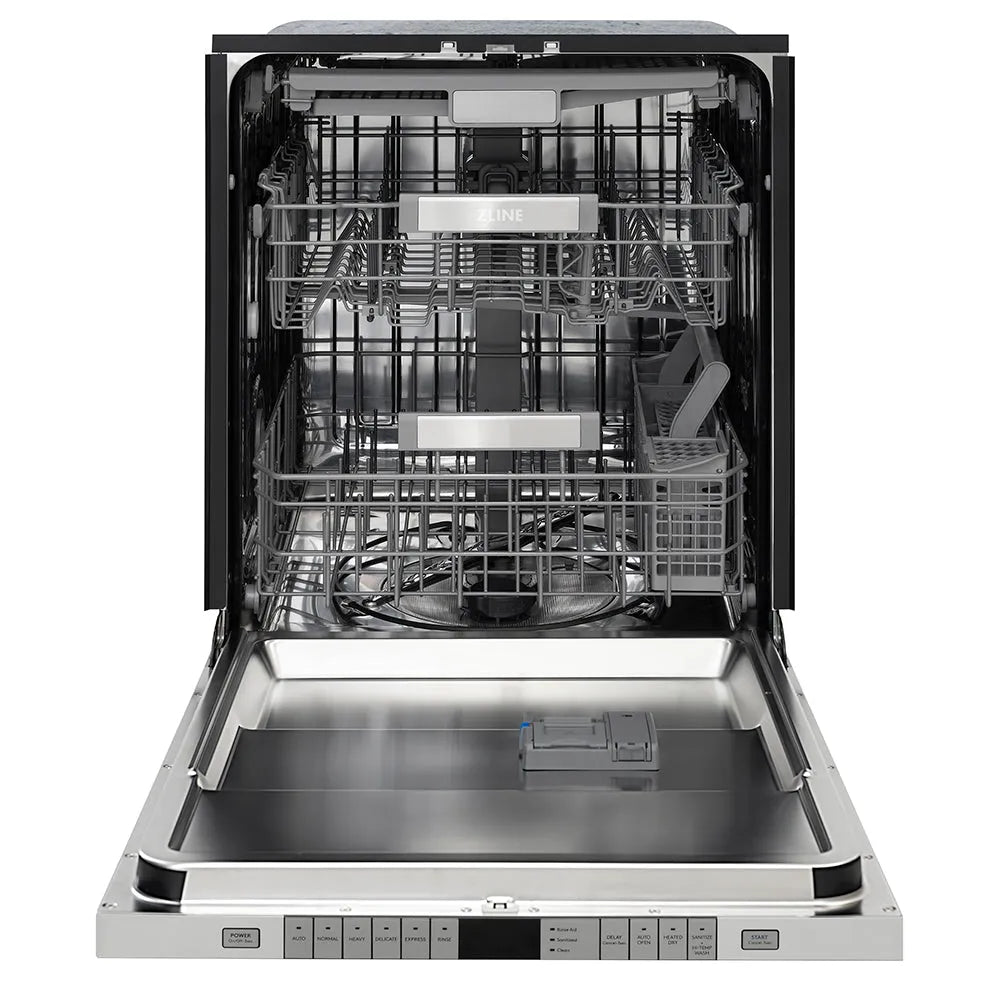 ZLINE Autograph Edition 24 in. Monument Series 3rd Rack Dishwasher with Auto Door Open Drying, 44dBa, Panel Ready with Polished Gold Handle (DWMTZ-24-G) front, open.