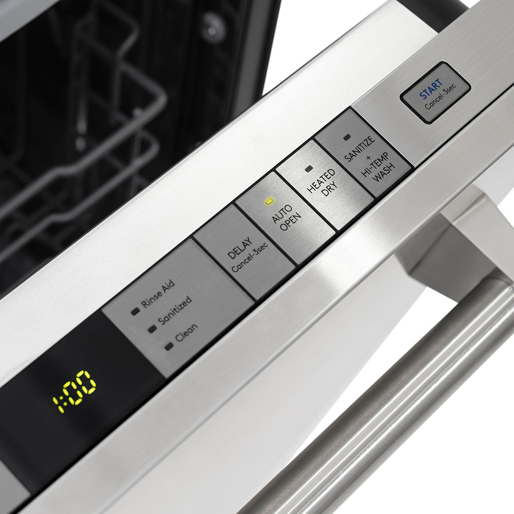 ZLINE Autograph Edition 24 in. Monument Series 3rd Rack Dishwasher with Auto Door Open Drying, 44dBa, Panel Ready with Matte Black Handle (DWMTZ-24-MB) close-up, dishwasher control panel with digital display and buttons.