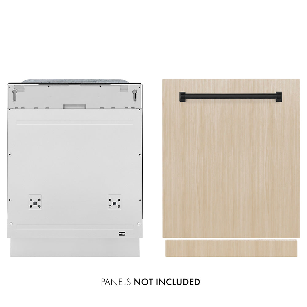 ZLINE Autograph Edition 24 in. Monument Series 3rd Rack Dishwasher with Auto Door Open Drying, 44dBa, Panel Ready with Matte Black Handle (DWMTZ-24-MB) front, dishwasher unit next to custom panel. Text: Panel not included.