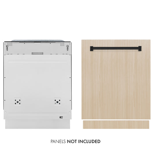ZLINE Autograph Edition 24 in. Monument Series 3rd Rack Dishwasher with Auto Door Open Drying, 44dBa, Panel Ready with Matte Black Handle (DWMTZ-24-MB) front, dishwasher unit next to custom panel. Text: Panel not included.