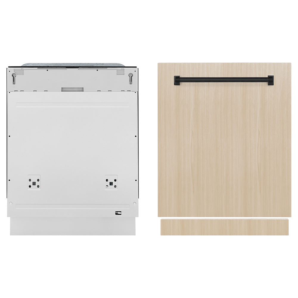 ZLINE Autograph Edition 24 in. Monument Series 3rd Rack Dishwasher with Auto Door Open Drying, 44dBa, Panel Ready with Matte Black Handle (DWMTZ-24-MB) front, dishwasher unit next to custom panel.