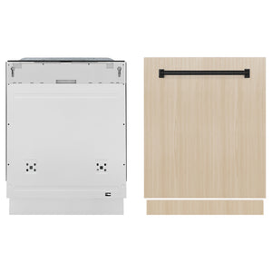 ZLINE Autograph Edition 24 in. Monument Series 3rd Rack Dishwasher with Auto Door Open Drying, 44dBa, Panel Ready with Matte Black Handle (DWMTZ-24-MB) front, dishwasher unit next to custom panel.