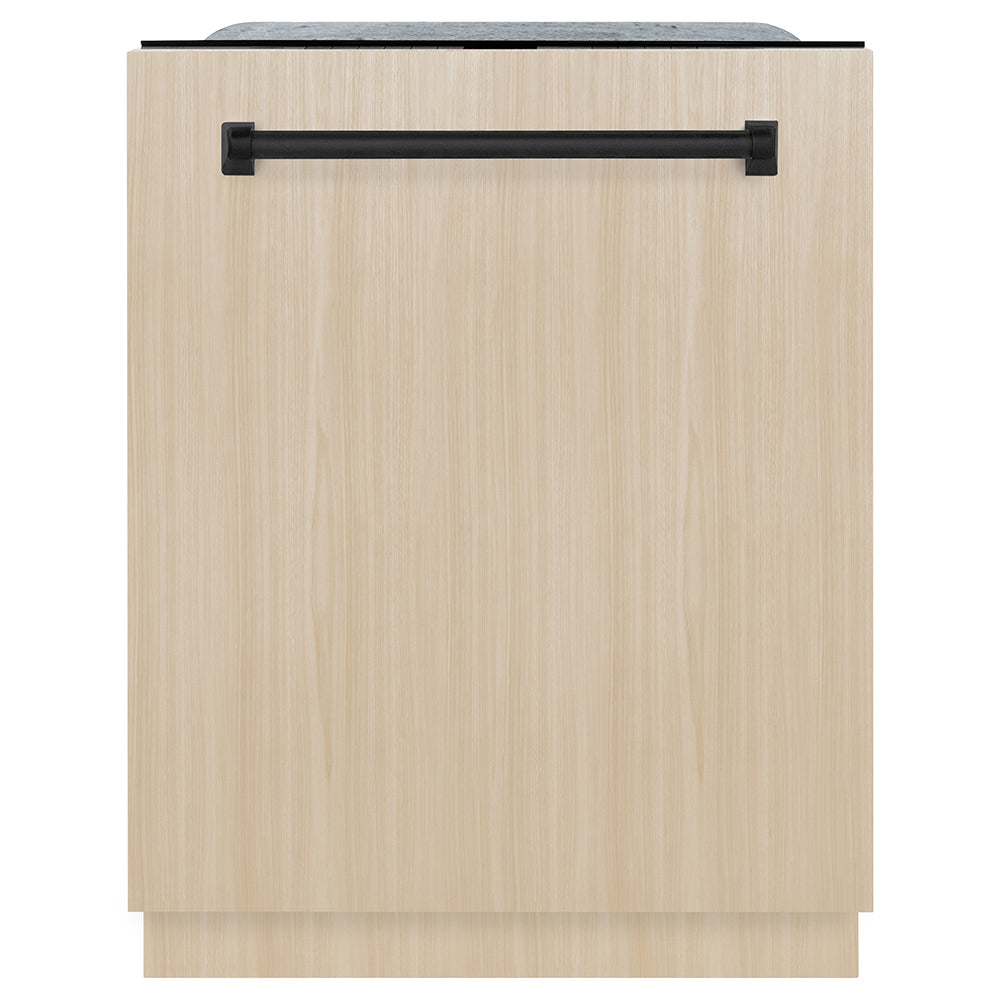 ZLINE Autograph Edition 24 in. Monument Series 3rd Rack Dishwasher with Auto Door Open Drying, 44dBa, Panel Ready with Matte Black Handle (DWMTZ-24-MB) front, closed, with custom wood panel.