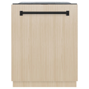 ZLINE Autograph Edition 24 in. Monument Series 3rd Rack Dishwasher with Auto Door Open Drying, 44dBa, Panel Ready with Matte Black Handle (DWMTZ-24-MB) front, closed, with custom wood panel.