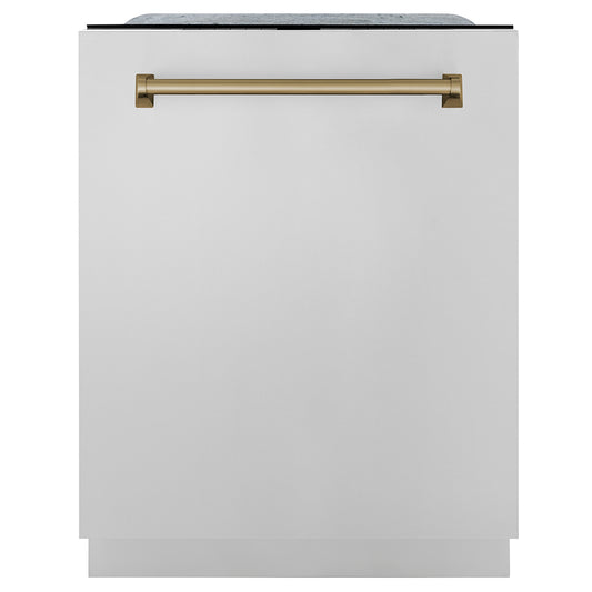 ZLINE Autograph Edition 24 in. Monument Series 3rd Rack Dishwasher with Auto Door Open Drying, 44dBa, Stainless Steel Panel with Champagne Bronze Handle (DWMTZ-304-24-CB) front, closed.